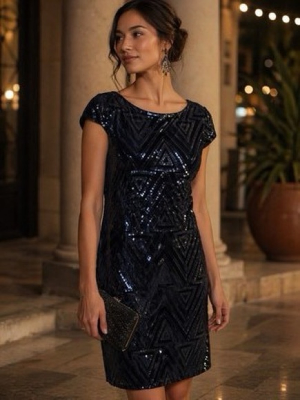 Eliza J Navy Sequin Cap-Sleeve Sheath Dress